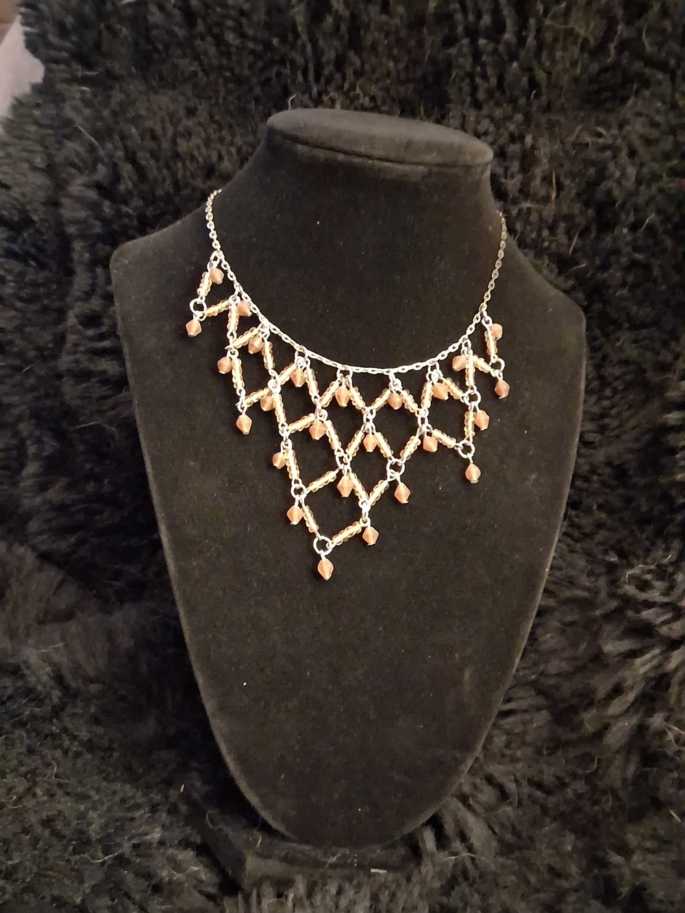 Delicate Silver Chain Necklace with Peach Crystal Drops